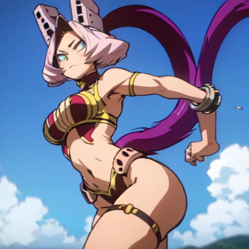 Mandalay, the feline heroine of My Hero Academia, wearing a tiny bikini that can barely contain her sexy curves. The tight top makes her voluminous breasts stand out, while the G-string panties leave little to the imagination. Her tanned skin shines in the sun, and her feline eyes emanate a look of pure lust. Her sculpted body moves with feline grace, every muscle contorting in a way that would drive anyone crazy with desire. She walks slowly, knowing full well the effect she has. Her long toned legs seem unstoppable, and her firm, round ass jiggles gently with each step. Her expression is a mix of power and sensuality, making it clear that she is the master of this erotic dance. Her tail moves from side to side, mesmerizing everyone who sees her. Mandalay is a vision of pure sin, and I can't wait to see this image take shape."