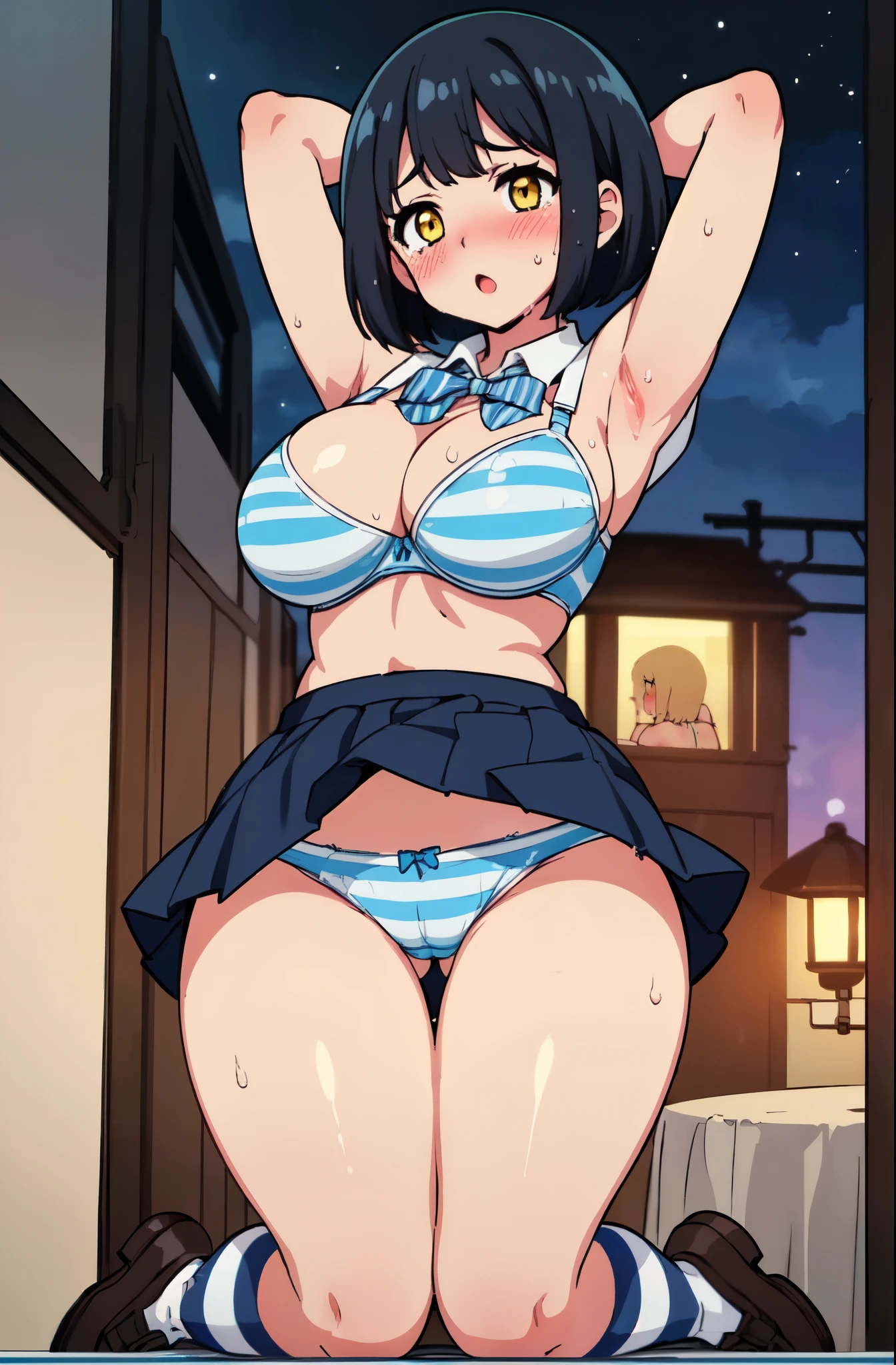 ((Table t○p, highest quality, Hi-Res Lucifer,Anime Screen Capture、Pixel perfect, 8k, nsfw)))、((((Surrounded by a few guys)))、Perfect Anatomy、(((Huge breasts、Wide Hips、Wide ass、Wet、Place your hands behind your head、Armpits、Kneel)))、(((Bobcut)))、(((School Uniform、Shirt open、White Shirt、Black Mini Skirt、Blue Stripe Bra、Blue striped panties)))、Sweat, vapor,(Yellow Eyes)、((Black Hair)),  ((((:o、blush、Embarrassing))))、Are crying、(Inside the train on a dark night)、
