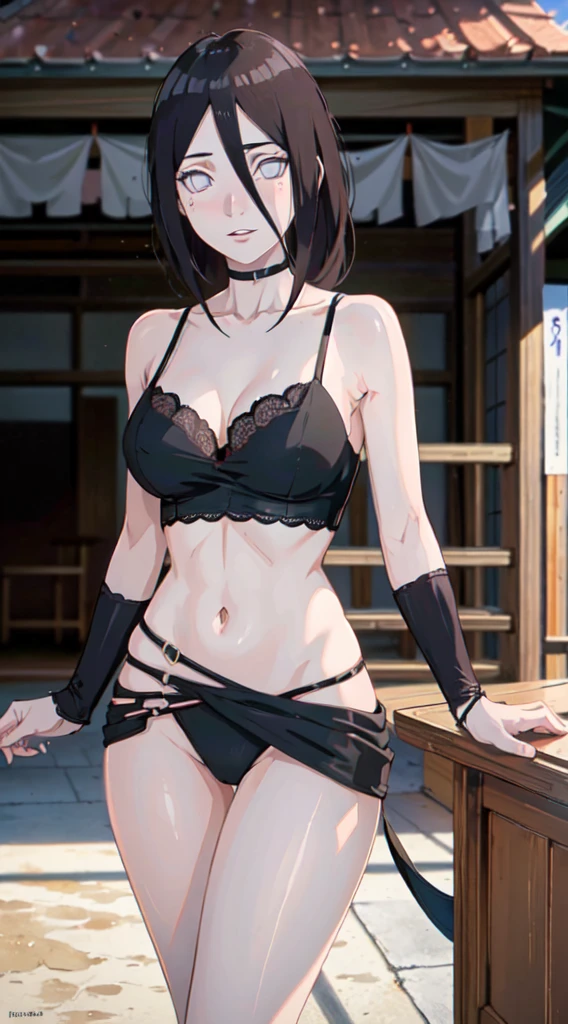 ((((masterpiece, best quality, high resolution)))), 1girl, average breasts, blush, light smile, parted lips, glow, thighs, bare shoulders, collarbone, narrow waist, cleavage, (masterpiece), (beautiful detailed face, beautiful detailed eyes), (anabi\(boruto\)