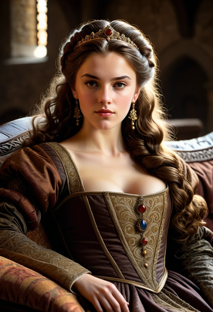 (highly detailed, detailed eyes, soft light, photorealistic, realistic light; cinematic) very beautiful but spoiled medieval 19-year-old noblewoman with long brown hair in an elaborate medieval updo hairstyle and dark brown eyes, wearing extravagant dress and jewelry, laying reclining in a luxurious medieval sofa, expressive face, snobbish expression, snob, brat, demanding, snobbish air, laying reclining in a luxurious medieval sofa, chest-up portrait.