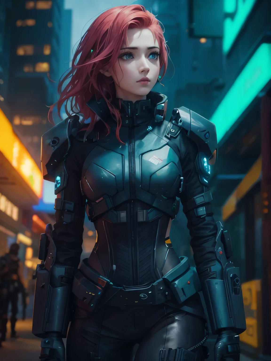 Waist up Emily Rudd in stylist cyberpunk battle suit combat (masterpiece), best quality, perfect face