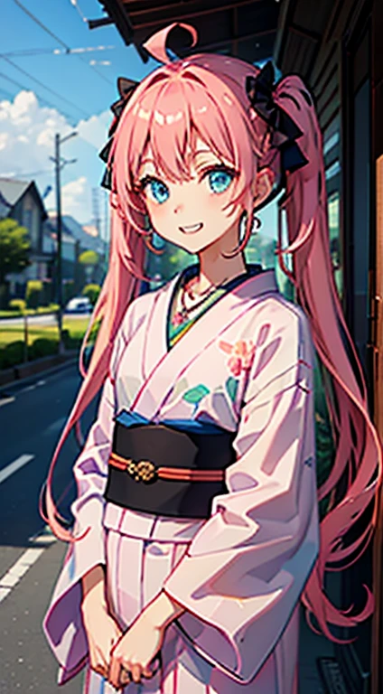 masterpiece, highest quality, 高解picture度，Anime Style、Characters from TenSura、picture、whole body　　　　　　　　　　　　Platinum pink hair（Twin tails:20:1）（Ahoge:1:10）、blue eyes、About 、fair、Yukata、Shaved ice in the right hand、smile、The double tooth shines、Red on the neck、white、Blue magatama necklace、（ピンクとwhiteのボーダーの靴下:7:1）