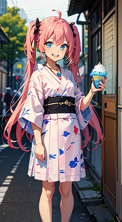 masterpiece, highest quality, 高解picture度，Anime Style、Characters from TenSura、picture、whole body　　　　　　　　　　　　Platinum pink hair（Twin tails:20:1）（Ahoge:1:10）、blue eyes、About 10 years old、fair、Yukata、Shaved ice in the right hand、smile、The double tooth shines、Red on the neck、white、Blue magatama necklace、（ピンクとwhiteのボーダーの靴下:7:1）