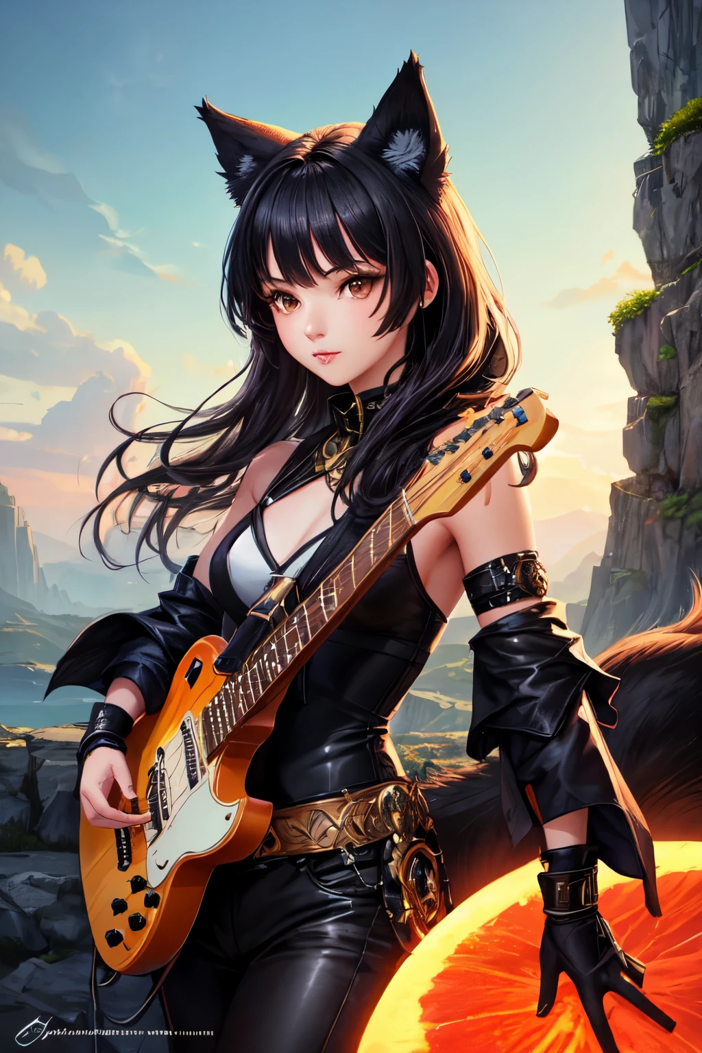 high-quality digital art, fantasy art, girl with black wolf ears, black and amber hair, healthy slim and fit body, Brown eyes, eyelashes, Rocker clothing, rock guitar