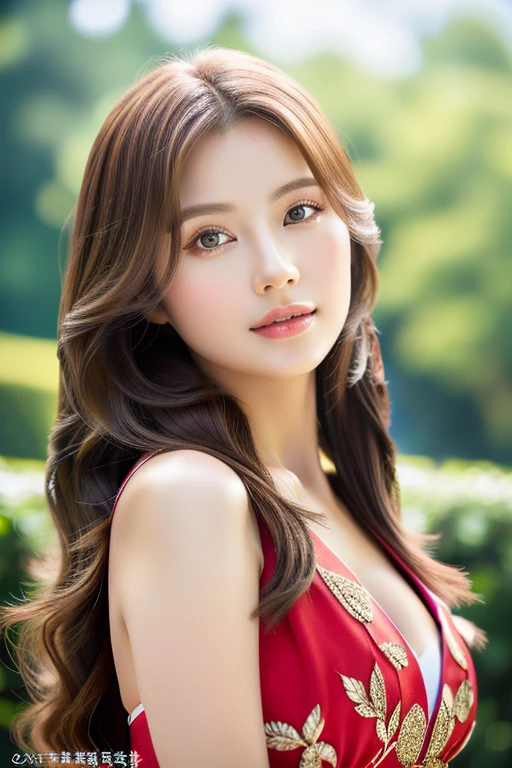 ((highest quality)), ((masterpiece)), (detailed), whole body、wallpaper、Attention to detail、Perfect Face、Perfect body、Light brown hair、Beautiful Skin、Beautiful white skin、Half Russian and half Korean、Korean Idolasterpiece:1.3), (8k, Photorealistic, Raw photo, Best image quality: 1.4), (Rough long hairstyle:1.2)、Cleavage:1.4、Beauty、Beauty、Wearing a red Chinese dress