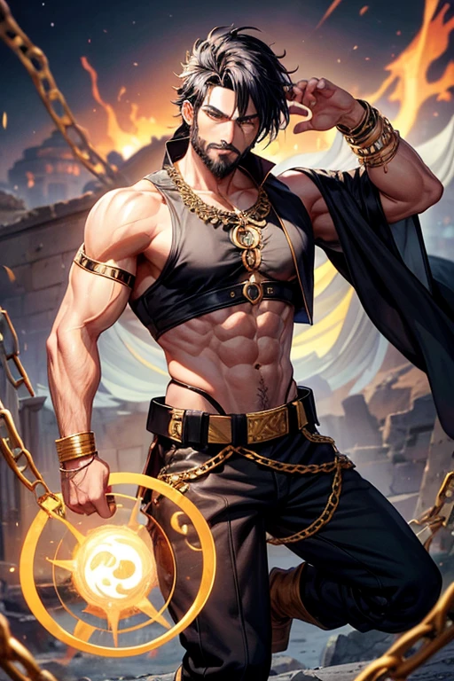 Man, 30 years old, short black and black hair, with black beard, short messy hair, black dark skin, yellow eyes, djinn clothing, open sleeveless gold vest, purple vest with black Arabic print, black Arabic pants, gold belt, djinn bracelet with gems, black boots, brown boots, phosphorescent black tattoos, surrounded by fire and blue smoke with magic circles with chains tied to hands and feet surrounded by white chains on a background of arabic ruins. with magic circles and a crown of fire on his head, slim and muscular build