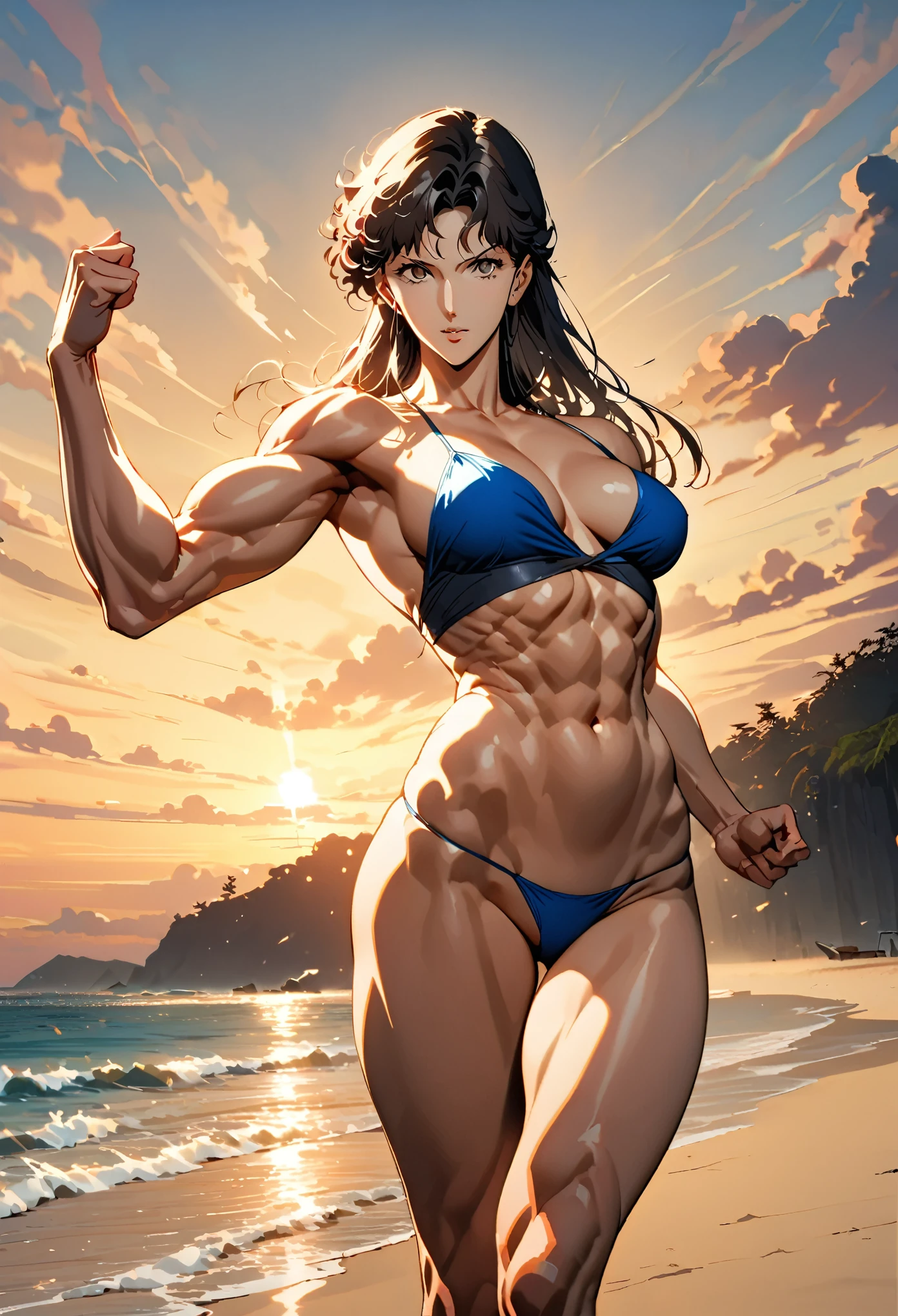 one sexy girl 26 years old, hitomi kisugi, blue thong with large cleavage , standing tall and dominant, self confident , serious, superb, sensual, ((fit and trained body with well defined muscles)),(( dark haired, strong)), long legged , muscular abdomen, beach, showing off her beauty and power, teasing, invincible , chiseled abdomen, slender, beautiful face, firm breasts, sunset, delivering a devastating punch