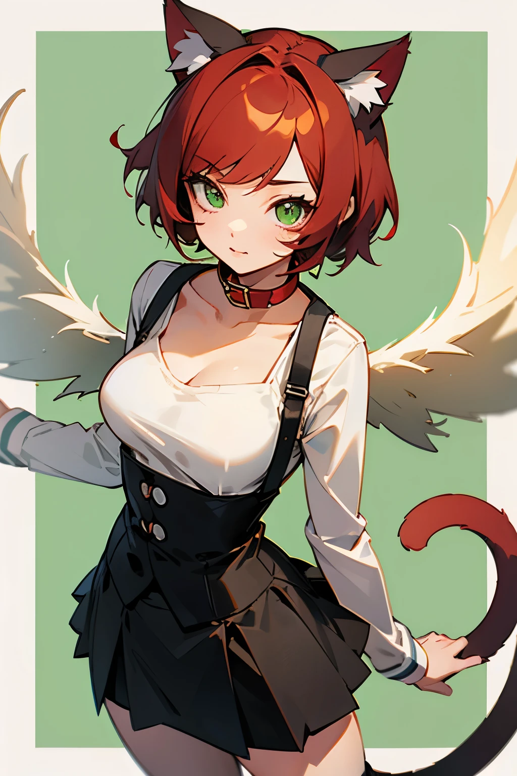 Girl, short red hair, green eyes, cat ears, cat collar, cat tail, Wings, short skirt, round breasts