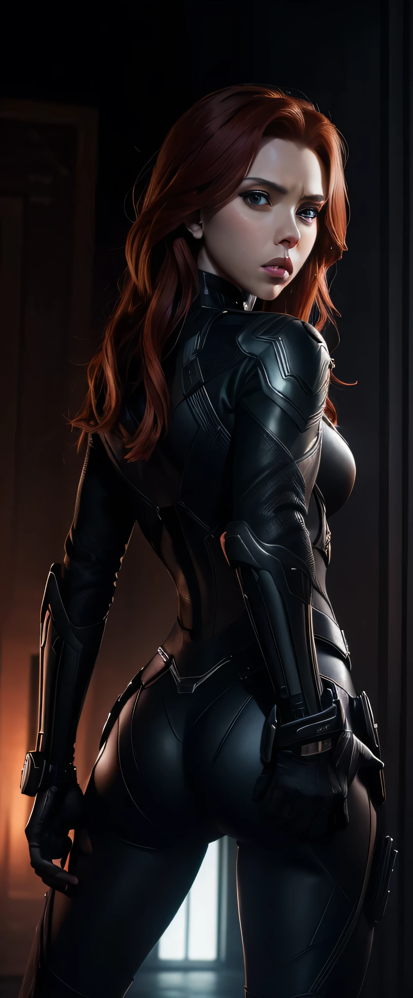 A breathtaking cinematic scene unfolds, showcasing the enigmatic Black Widow adorned in a pristine white armored suit. In this high-definition image, the finely detailed features of Scarlett Johansson's face are captivating, with intense eyes that seem to pierce through the screen. In a dramatic pose, she holds a sleek gun with precision, emitting an aura of power and determination. The surrounding environment, bathed in dim light, creates an alluring mystery, further emphasizing the intriguing allure of the Black Widow.