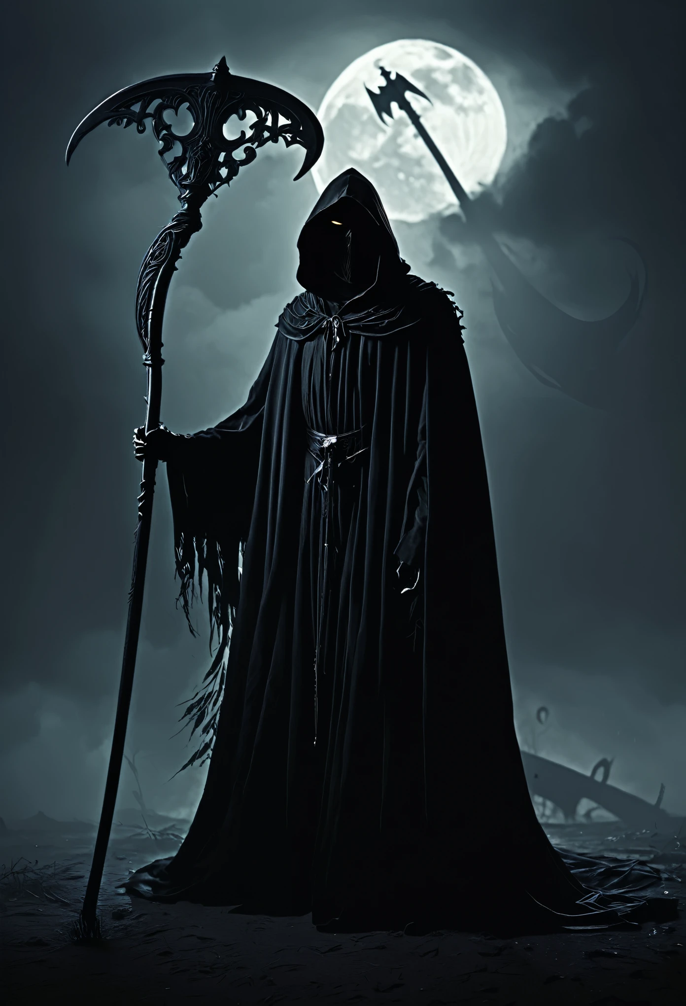 A black Grim Reaper,scythe,ominous cloak,floating silhouette,creepy atmosphere,(best quality,masterpiece:1.2),ultra-detailed,(realistic:1.37),dark fantasy theme,monochromatic color,subtle shadows,ethereal light