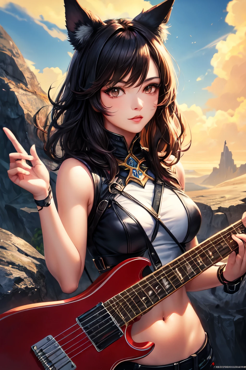 high-quality digital art, fantasy art, girl with black wolf ears, black-amber hair color, healthy slim and fit body, Brown eyes, eyelashes, Rocker clothing, rock guitar