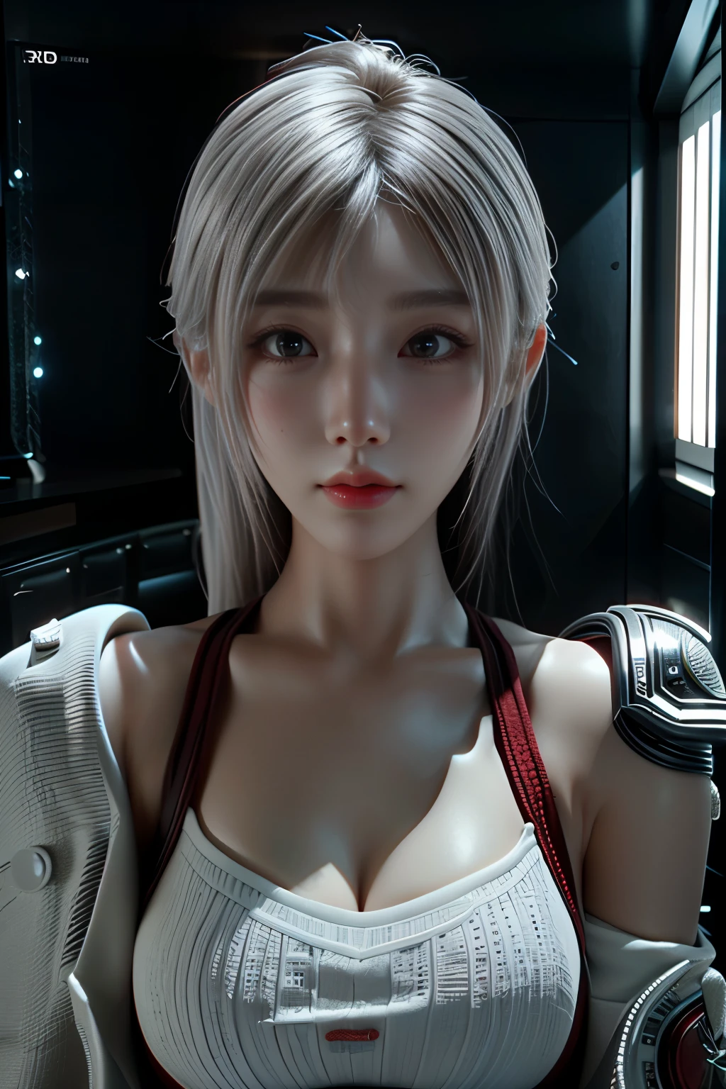 Masterpiece,Game art,The best picture quality,Highest resolution,8K,(A bust photograph),(Portrait),(Head close-up),(Rule of thirds),Unreal Engine 5 rendering works,
20 year old girl,Short hair details,With long bangs,(white hair),red eyes,Elegant and elegant,(Large, full breasts),(Wearing a white coat,Red suspender underwear),shut your mouth,serious yet charming,(scholar),photo poses,Sci-fi style laboratory,white room,
Movie lights，Ray tracing，Game CG，((3D Unreal Engine))，OC rendering reflection pattern