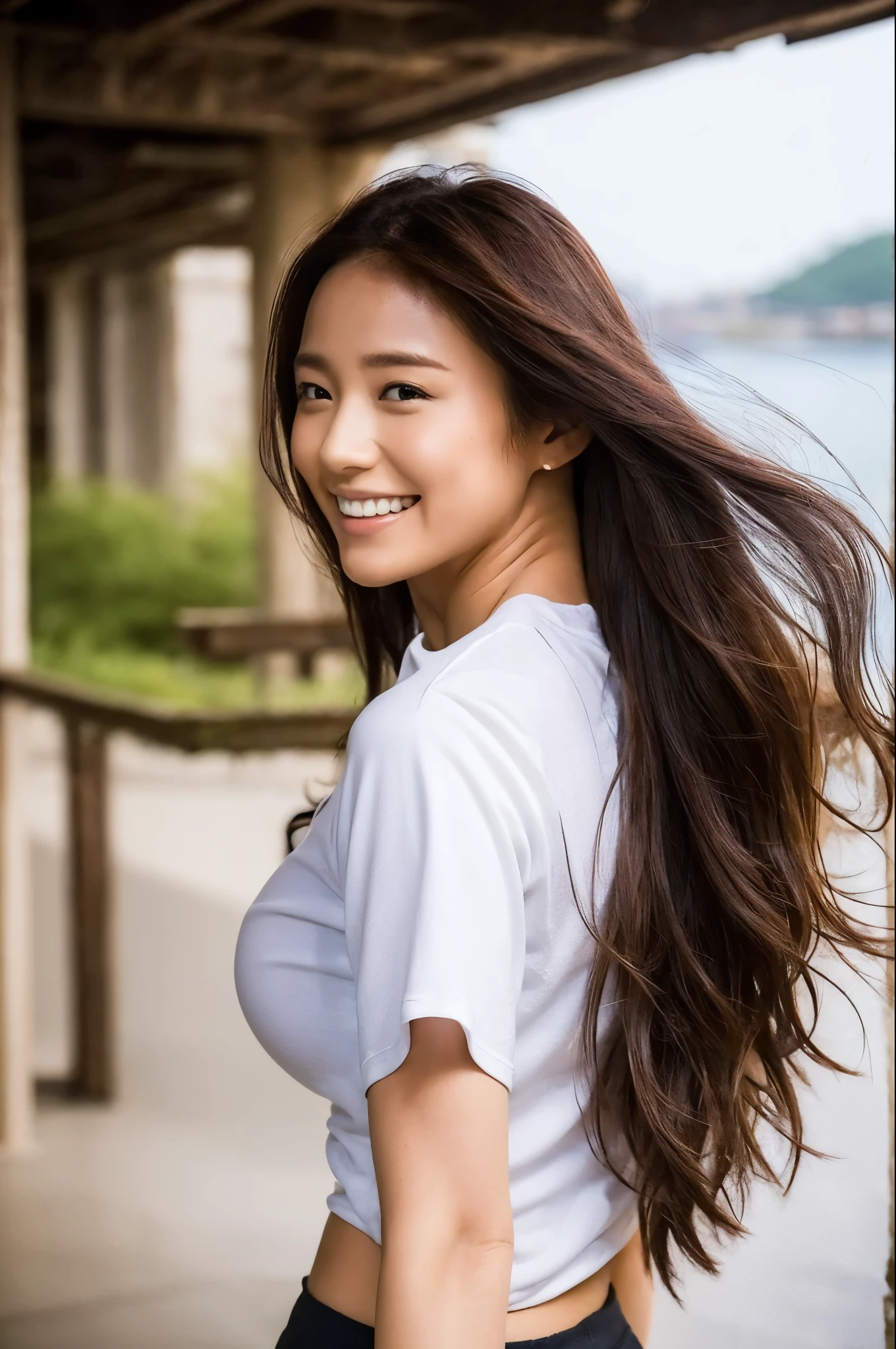 Hair blowing in the wind. she is a male model, She smiles and plays for the camera, (She is wearing a casual shirt、Wearing leggings), 美しい背景landscape, (Long corridor), , Perfect Eyes, Perfect hands, Perfect body, Perfect Hair, Perfect breasts, Hair behind the ear, masterpiece, Accurate, Anatomically correct, Rough skin, Very detailed, Advanced Details, high quality, Awards, 最high quality, High resolution, 16k, 8k, Back view of the camera,landscape、Kimura 、Cleavage