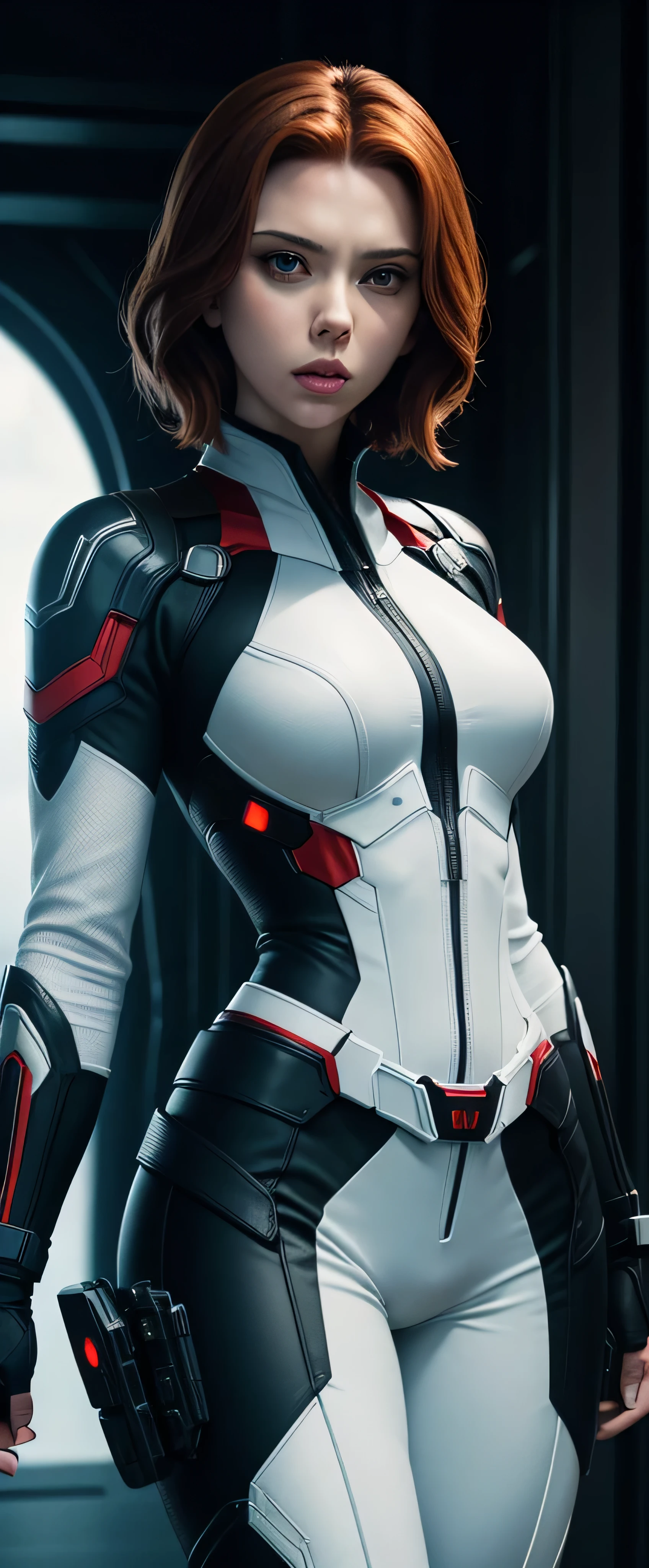 A captivating visual representation of the Black Widow, portrayed by Scarlett Johansson, in a pristine white armored suit, engaged in a high-definition film scene where she expertly fires a sleek weapon. The intricate details of her face, showcasing her striking features and intense focus, are meticulously depicted. The background is dark, setting a mysterious and dramatic tone, enhanced by a Dutch angle for added cinematic effect.