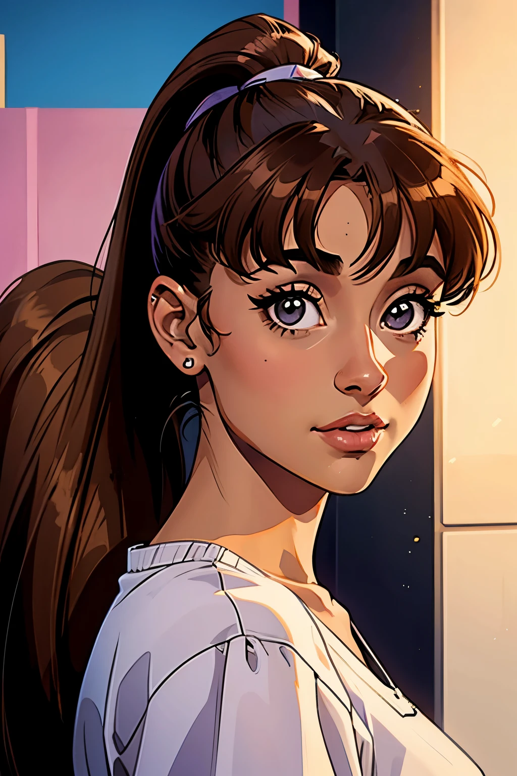 Ariana Grande, 20 years old, dark_skin, black_eyes, brown_hair, bangs, ponytail, retrato