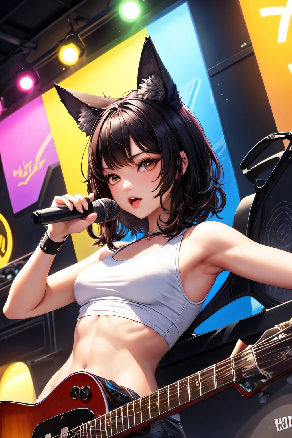 high-quality digital art, Rock art, girl with black wolf ears, black-amber hair color, healthy slim and fit body, Brown eyes, eyelashes, Rocker clothing, rock guitar