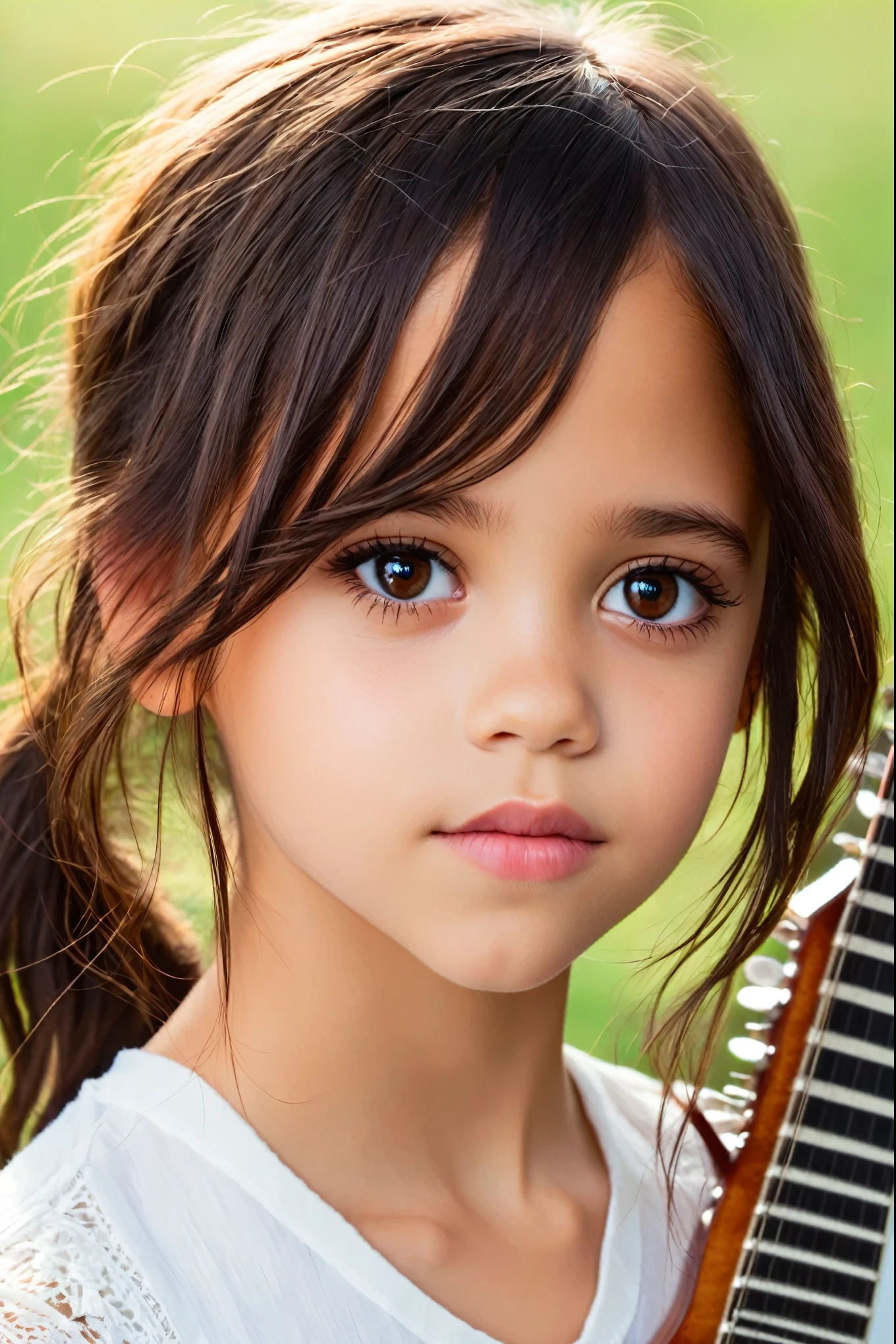 im Hintergrund ist eine Frau mit einer Gitarre, ((( 24 years):1.7) old Jenna Ortega), brown hair and big eyes, Brauner Pony, short brown hair and big eyes, accurate braune Augen, flauschiger Pony, braune Augen, braune Augen and white skin, Detailed eyes, soft opend mouth.