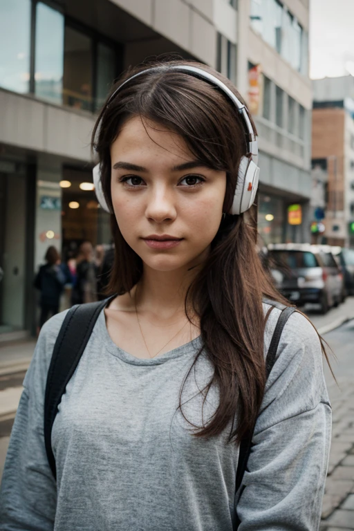 Generate a new image of the girl holding headphones