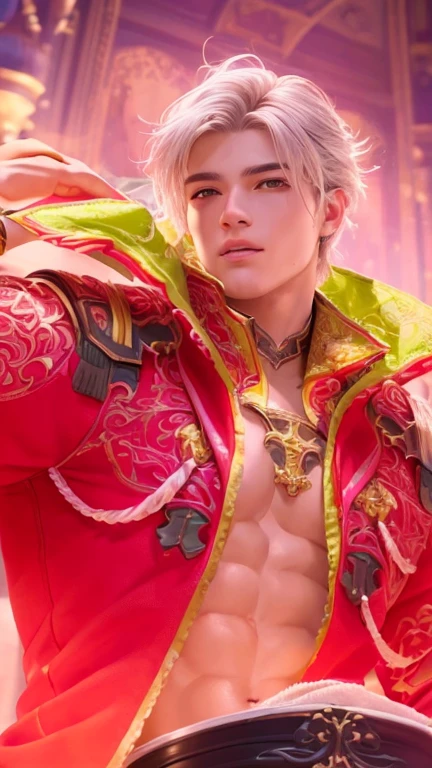 Handsome guy, 25 years old, Asian, master work, best picture quality, higher quality, high detail, super high resolution, (realistic: 1.4) 8k resolution, delicate facial features, boys, big muscles, tattoos, glowing eyes, short hair, gray hair, hair details, (full body: 0.6), detailed background , [[Look away, look to the side, emphasize homosexuality and pay attention to every detail , Open Hanfu transparent tulle jacket, naked chest, naked abs, white rubber pants, (crotch bulge), , Fa gong, Chinese kung fu, fingerless gloves, Wristbands, dragon themed costumes, monk robes, dynamic composition,,, wood, wood background, very much wood, wood around the body, dead wood, lots of branches background, Chinese wood carving, wood carving modeling crafts, holding wood carving magic vessels, night