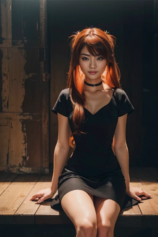 (1 lady), (Best quality at best:1.4), (ultra - detailed), (extremely detailed CG unified 16k), red hair, sitting on a wooden bench in a dark room, wearing a black dress, anime. soft lighting, portrait, photorealistic, photography, photorealistic, 8K High Quality RAW Photography, long hair, beautiful girl, attractive girl, seductive girl, very detailed, High-definition RAW color photo, professional photoshooting, amazing face and eyes, cosmetics, realistic cinematic face, gorgeous, extremely beautiful face, perfect model beauty, average facial expression, Highly Detailed Face and Skin Texture, Detailed Eyes, Double Eyelids, (masterpiece), best quality, high resolution, extremely detailed, amazing legs, clear and well-cared skin, blue eyes, euro-asian face