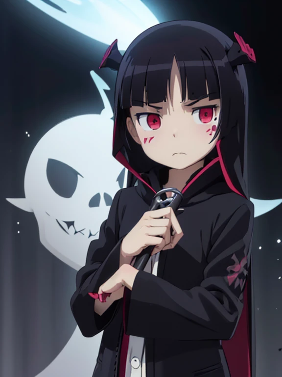 (((Sickle))), (((grim Reaper))), ((black)), (Skeleton), Red eyes, (Whitewashed face)、ruri gokou, Hime cut, Face Paint, darkness, dark, Gothic, mysterious, elegant, Creepy, grace, black, underworld, Shadow, night, cool, Ghost, Different world, antiquity, Mysterious, Mysterious, Heavy, accessories, 