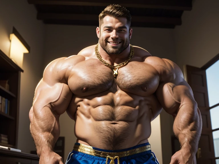 35 year old brown haired muscle monster. 30 inch biceps and boulders for shoulders. Big, beaming smile. Broad, broad shoulders. Huge, V-shaped chest, narrow waist. Spreading his lats to appear impossibly broad. Thick gold chain. Dominating over a much smaller man. Study room.