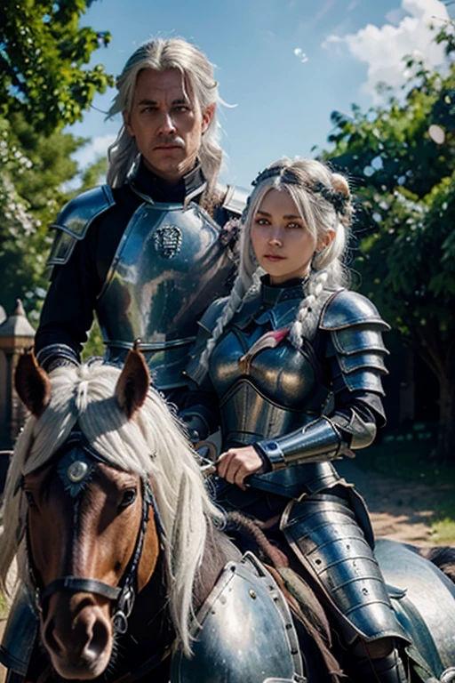 man and a woman in armor and a sword in hand, riding on a black armored horse, braid, crown, gradient eyes, wide-eyed, scared, white hair, hair flaps, Surrealism, anime style, En plein air, backlighting, 1080P, HD, 4K