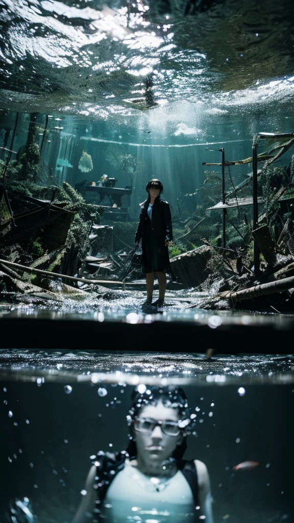 In the water,moss,Showa,Collapse,Devastation,Inside the ruins,Glasses,Women,adventure,Black and White,
