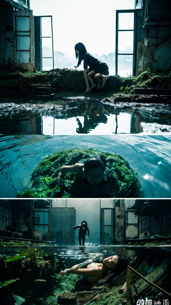 In the water,moss,Showa,Collapse,Devastation,Inside the ruins,Glasses,Women,adventure,Black and White,