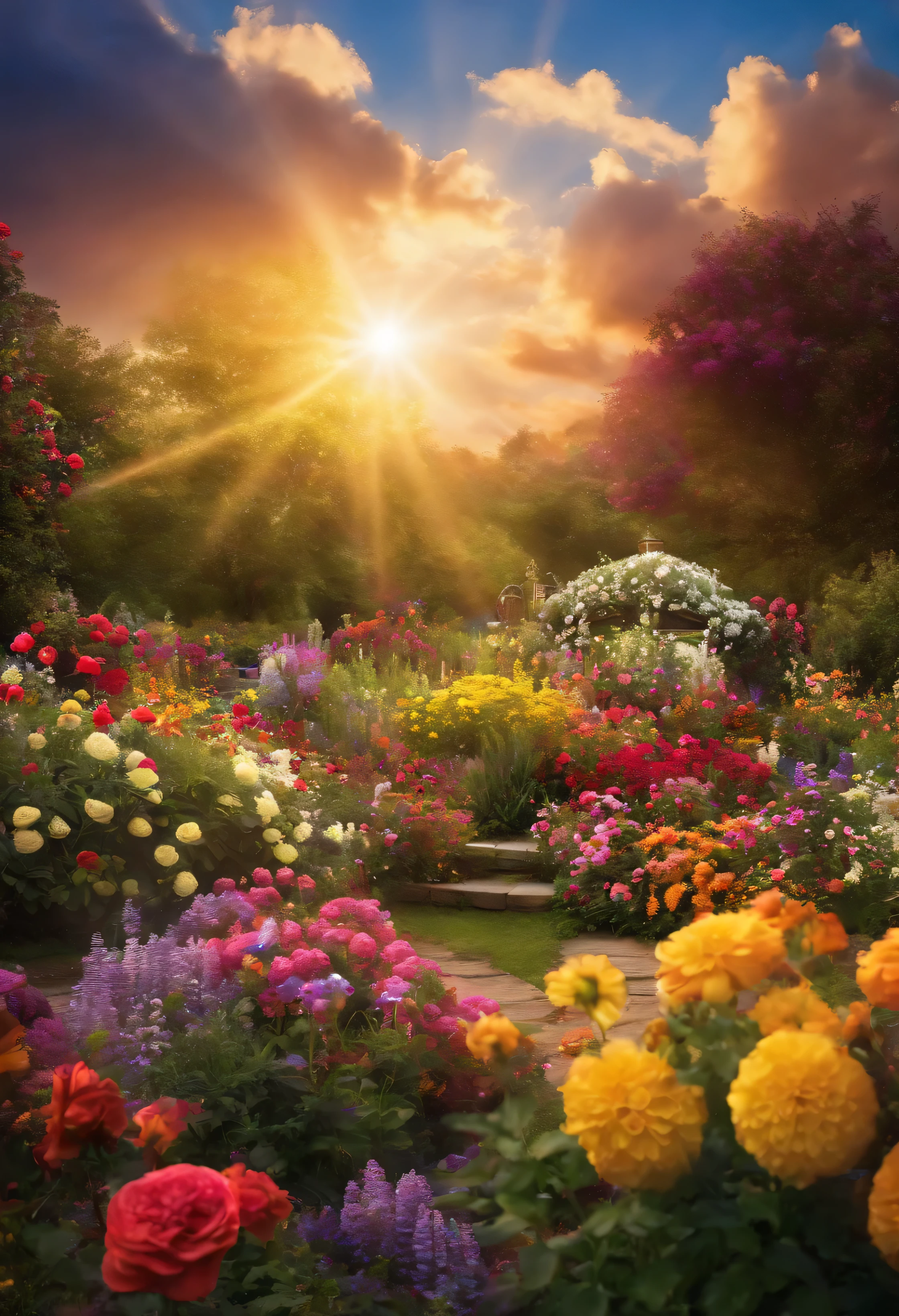 Heaven, Heaven, light, brilliance, Happiness, Bright smile, Glitter, Flowers, Flower Garden, Halo, Clouds