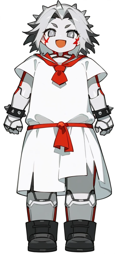 score_9, score_8_up, source_anime, masterpiece, best quality, BREAK 1girl, chibi, grey metallic skin, open mouth smile, white dress, grey long spiked metallic hair, grey eyes, black boots, black wristband, red neckerchief, absurdres