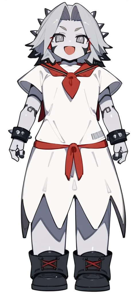 score_9, score_8_up, source_anime, masterpiece, best quality, BREAK 1girl, chibi, grey metallic skin, open mouth smile, white dress, grey long spiked metallic hair, grey eyes, black boots, black wristband, red neckerchief, absurdres