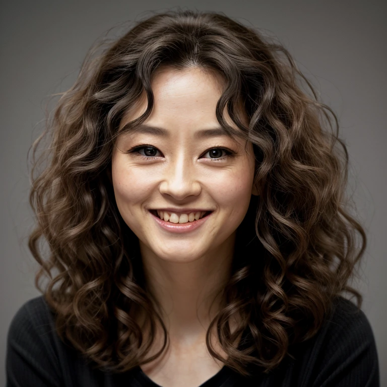 Close-up image, Better Quality, Japanese, Long Hair, Curly Hair, Black Hair, black eye, Watching the audience, smile, Simple Background, Gray background, shirt, Realist, Portraiture, compensate, 8k, High resolution, whole body