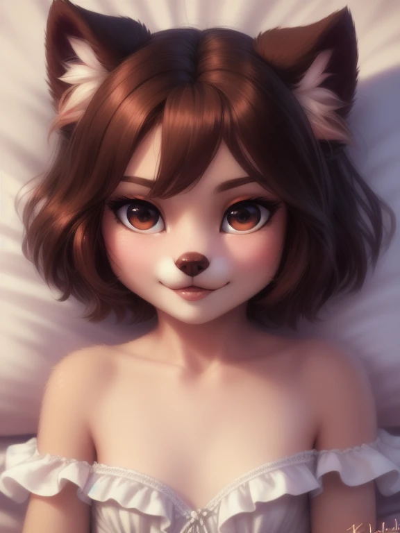 (source_e621), A beautiful and detailed (sweet portrait), ((young anthro domistic dog)), anatomically correct, Schlank, Small breasts, Hochgeladen E621, detailed flauschige fur, (von Fluff-Kevlar, Bayard Wu, personalami, Pino Daeni), 1girl, off shoulder dress, adorable, facing viewer, on bed, missionary position, legs spread, 1girl, realistic, ultra sharp image, view from above, (solo), first person view, cleavage, masterpiece, lying on her back, half body, beautiful hair, seductive gaze, waiting, (kissy face), (Kissing mouth), teeth, short hair, perfect eyes, bellybutton, absurd resolution, inviting, very young girl about to be deflowered, floppy ears,