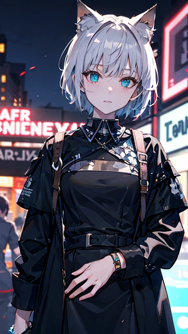 outdoor, Black, Wearing a black and red floral shirt, Wearing black dress pants, blue eyes, Glowing eyes, short hair, Gray skin, Club environment, night, Blue neon light, 8K, Unreal Engine, Very detailed, Reality, Cat ear