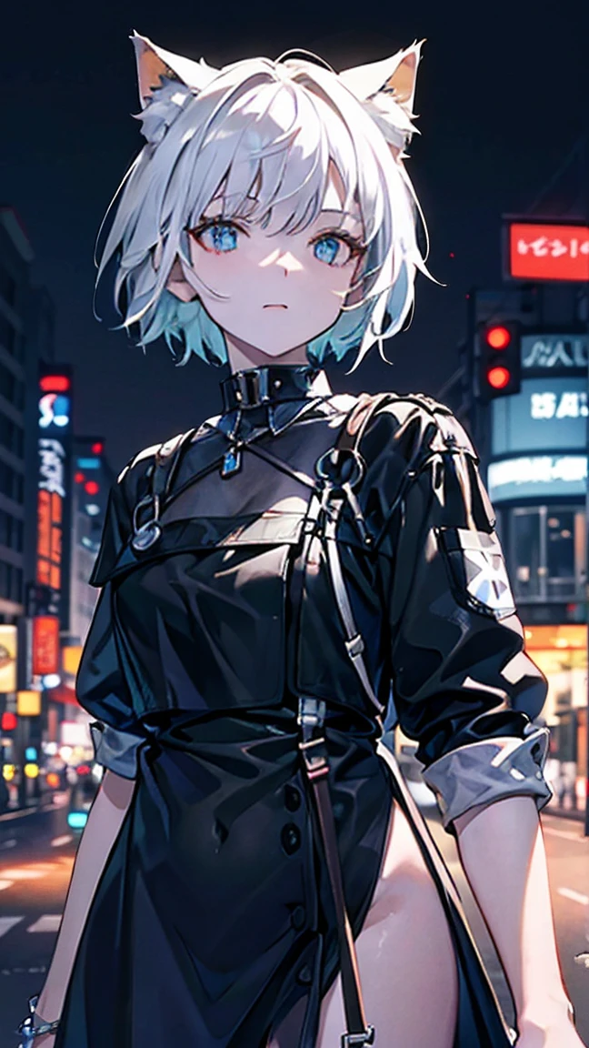 outdoor, Black, Wearing a black and red floral shirt, Wearing black dress pants, blue eyes, Glowing eyes, short hair, Gray skin, Club environment, night, Blue neon light, 8K, Unreal Engine, Very detailed, Reality, Cat ear