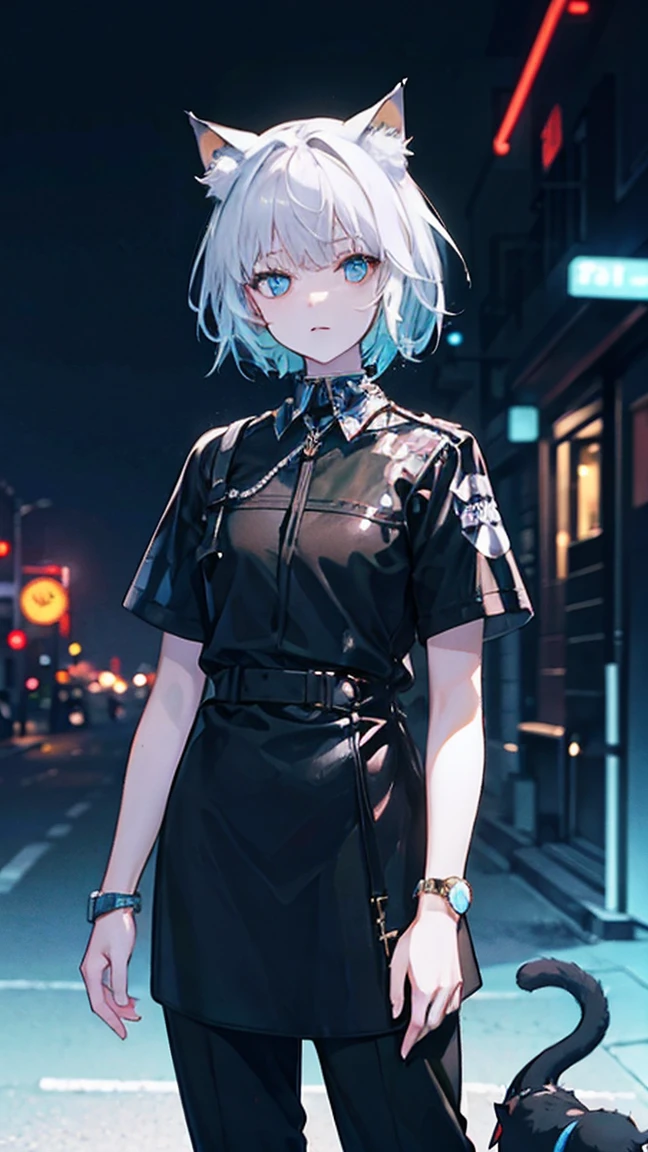 outdoor, Black, Wearing a black and red floral shirt, Wearing black dress pants, blue eyes, Glowing eyes, short hair, Gray skin, Club environment, night, Blue neon light, 8K, Unreal Engine, Very detailed, Reality, Cat ear