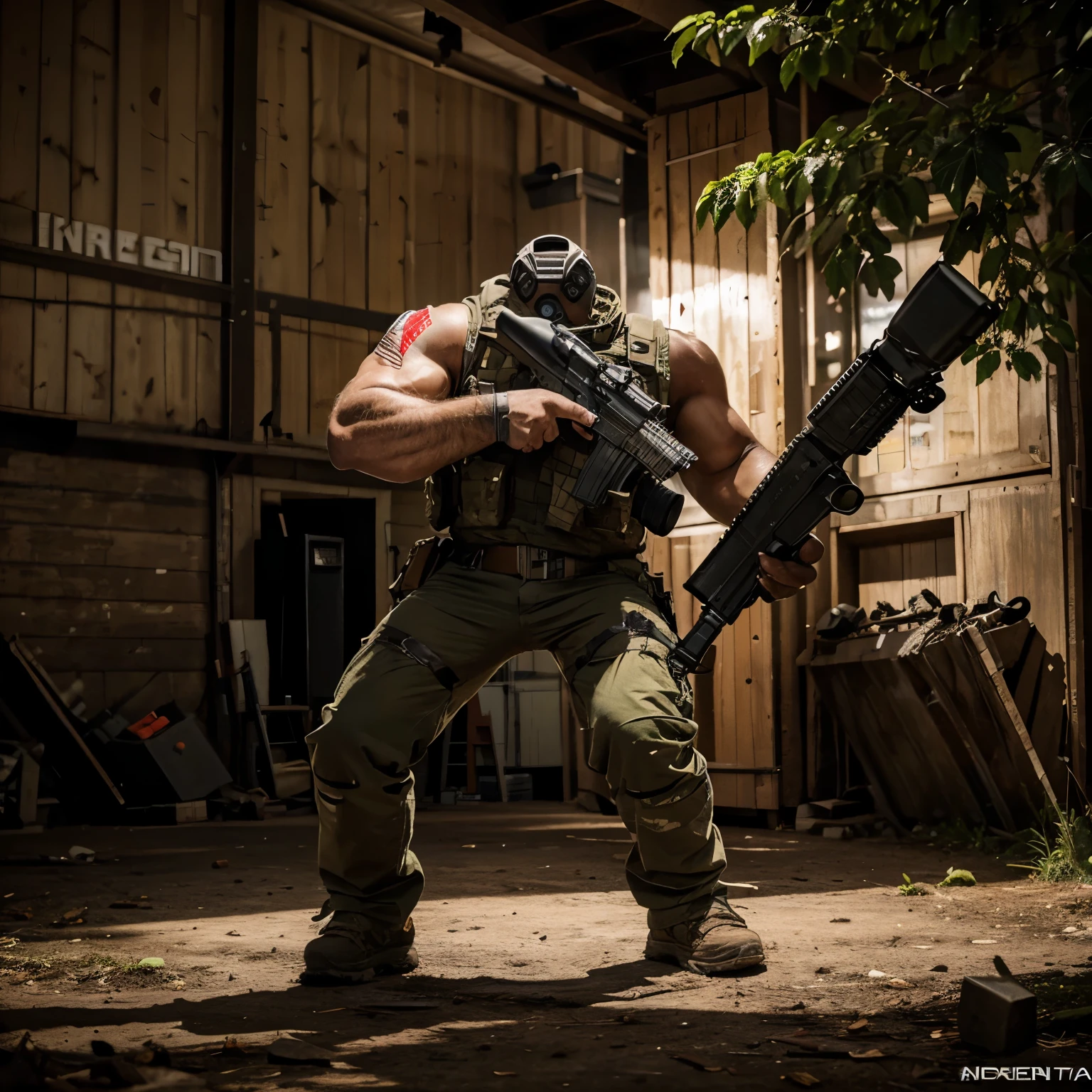 Monster granade with arms and legs holding a rifle
