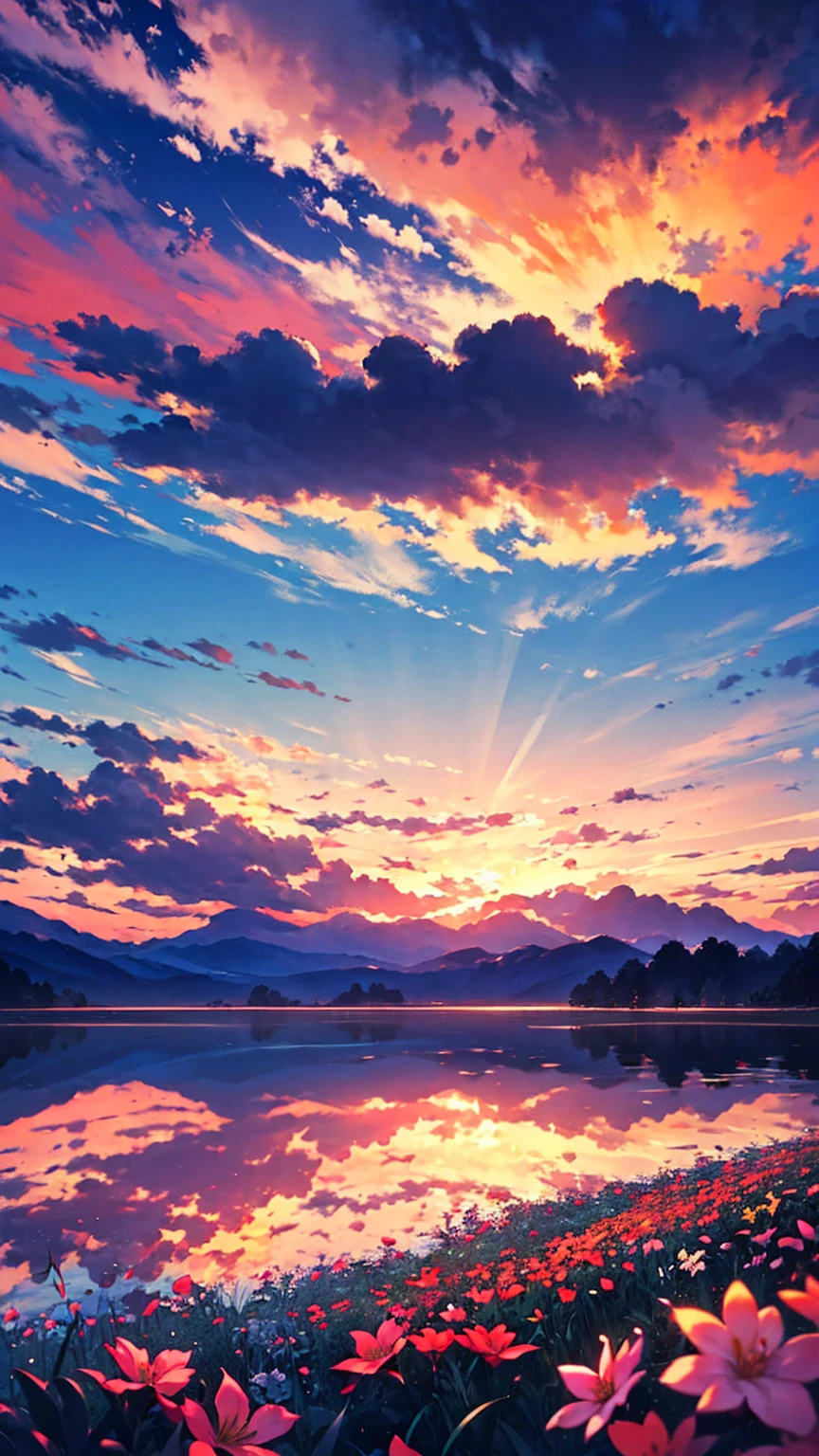 Had a beautiful sunset, The hillside is covered with flowers and grass, Flowers are close at hand, Colorful sky, Surreal colors, Colorful sunset, Colorful sky, Marvelous sky reflection, Stunning sky, dream like atmosphere 8k, Colorful clouds, Colors reflected on the lake, Surreal sky, Red and blue reflections, The reflection of fire, Beautiful sky, Beautiful and spectacular sunset, Beautiful dreamy scenery, Stunning sky