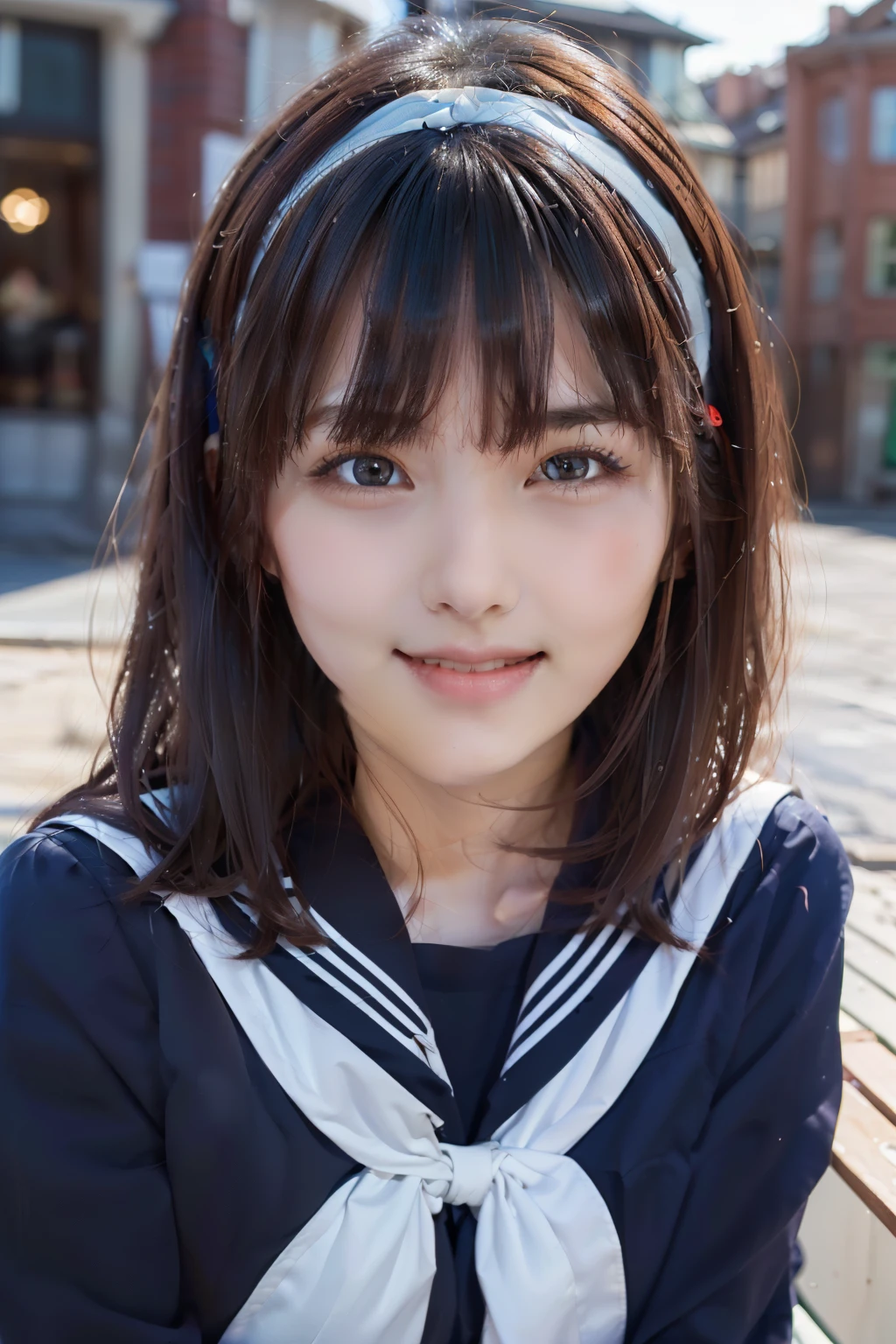 sailor uniform, One Woman, (Beautiful woman, delicate :1.3), Shiny Black Hair, Bobcut, bangs, (8k), (highest quality: 1.2), (Realistic), (Realistic: 1.37), (masterpiece), (Ultra-high resolution), (RAW Photos), (Absolute Resolution), (((face is small compared to body: 1.4))), (((Small face:１.4))), A balanced face, (Small Mouth: 1.4), ((Slim female body: 1.4)), Black Hair, (((long sleeve Sailor suit))), realistic high school girl, (((White headband))), Small breasts, Slanted Eyes, Bright Blue Eyes, (Cafe on the open terrace), Open your mouth, smile, Blurred, full body, Three white lines on the collar of a sailor uniform, 