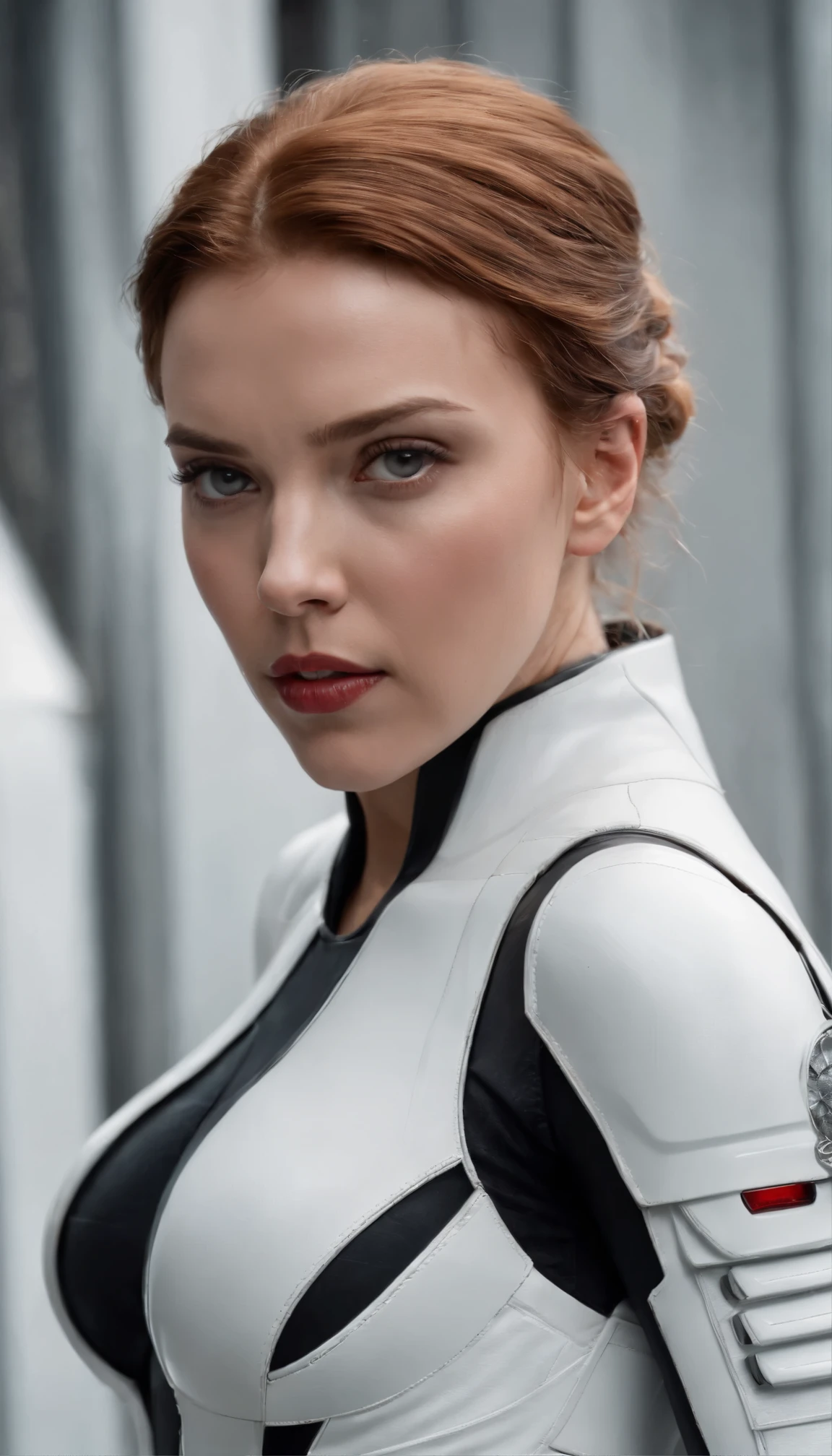 with high definition images,Scarlett Johansson in a white armored suit as Black Widow、Dressed in a pure white armored suit、A mesmerizing visual depiction of high-definition movie scenes featuring sophisticated weaponry being expertly fired.。The intricate details of her face、Showcasing her striking features and intense focueticulously depicted。The background is dark、Sets a mysterious and dramatic tone、Accentuated by Dutch angles for a cinematic effect。Scarlett Johansson's face details