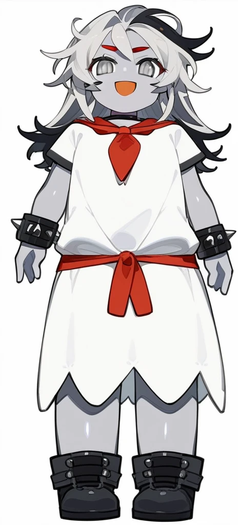 score_9, score_8_up, source_anime, masterpiece, best quality, BREAK 1girl, chibi, grey metallic skin, open mouth smile, white dress, grey long spiked metallic hair, grey eyes, black boots, black wristband, red neckerchief, absurdres