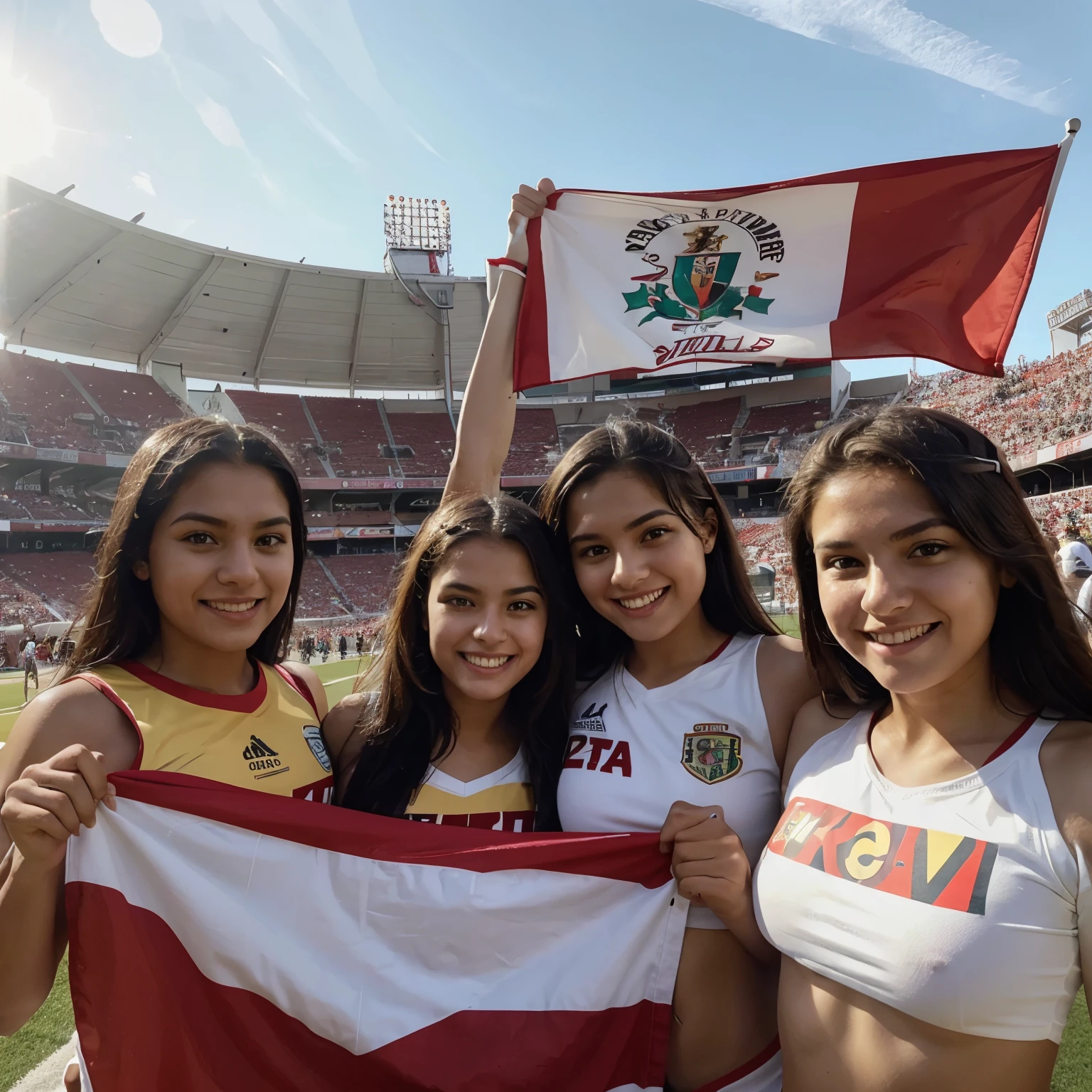 Group of young barristas from the independent Santa Fe cheering for their team in the stadium holding the flag of those consumed by Santa Fe