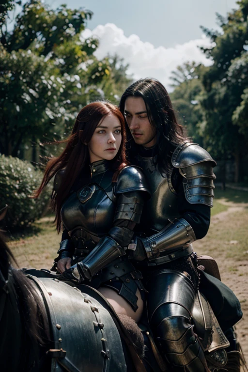 man and a woman in armor and a sword in hand, riding on a black armored horse, crown, gradient eyes, wide-eyed, scared, hair flaps, black hair, red hair, streaming tears, anime style, En plein air, backlighting, modern, Romanticism, raised fist, 1080P, HD, 4K