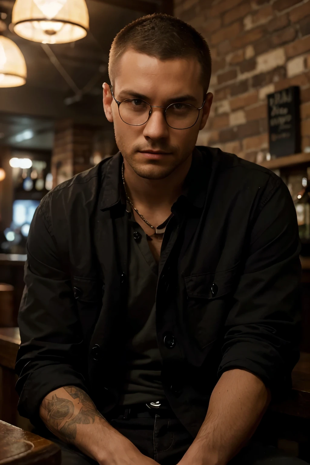 A 25-year-old man sits at a bar across from his long-time friend. His hair is cut short in a military-style buzz cut, giving him a clean and disciplined look. He wears a black jacket, casually unbuttoned to reveal a black shirt underneath with the top two buttons undone. The casual style contrasts slightly with the intensity of his haircut, hinting at a laid-back yet purposeful demeanor. The bar is dimly lit, with the warm glow of hanging lights casting a soft shadow on his face as he leans in slightly, engaging deeply in conversation with his friend. The atmosphere is relaxed, filled with the ambient noise of clinking glasses and muted chatter.