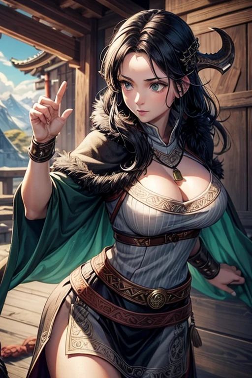40 year old woman in viking priestess clothing black hair green eyes fur clothing wooden dragon amulet vikings temple background