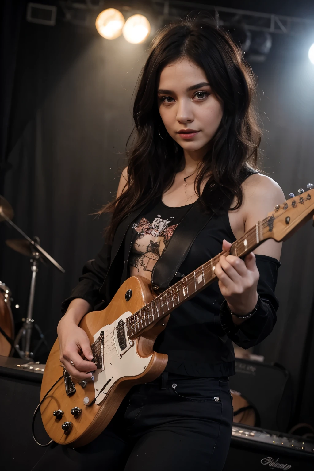 high-quality digital art, Rock concert, Young woman, black-amber hair color, healthy slim and fit body, Brown eyes, eyelashes, Dark rocker clothes, rock guitar