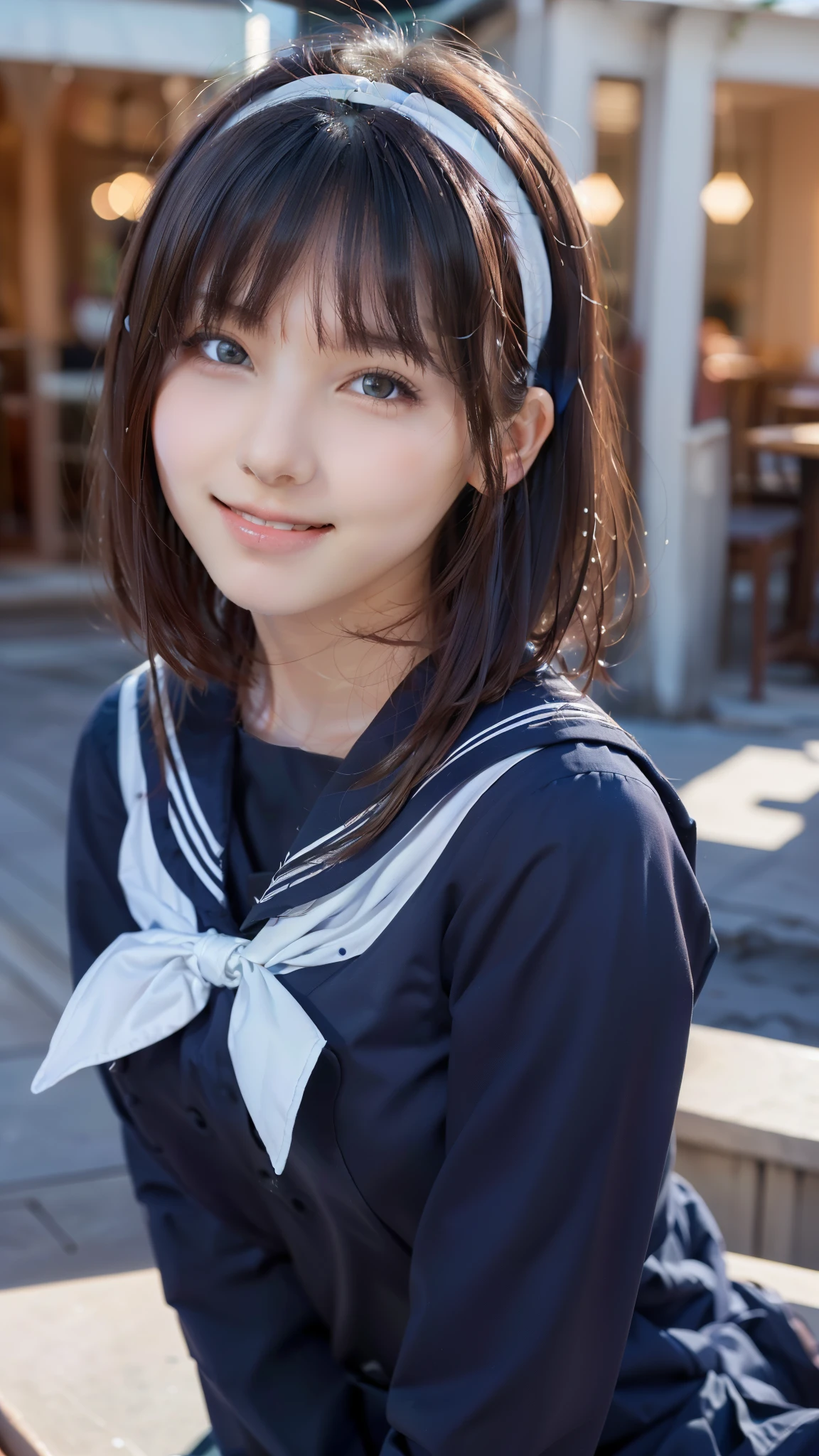 sailor uniform, One Woman, (Beautiful woman, delicate :1.3), Shiny Black Hair, Bobcut, bangs, (8k), (highest quality: 1.2), (Realistic), (Realistic: 1.37), (masterpiece), (Ultra-high resolution), (RAW Photos), (Absolute Resolution), (((face is small compared to body: 1.4))), (((Small face:１.4))), A balanced face, (Small Mouth: 1.4), ((Slim female body: 1.4)), Black Hair, (((long sleeve Sailor suit))), realistic high school girl, (((White headband))), Small breasts, Slanted Eyes, Bright Blue Eyes, (Cafe on the open terrace), Open your mouth, smile, Blurred, full body, Three white lines on the collar of a sailor uniform, 