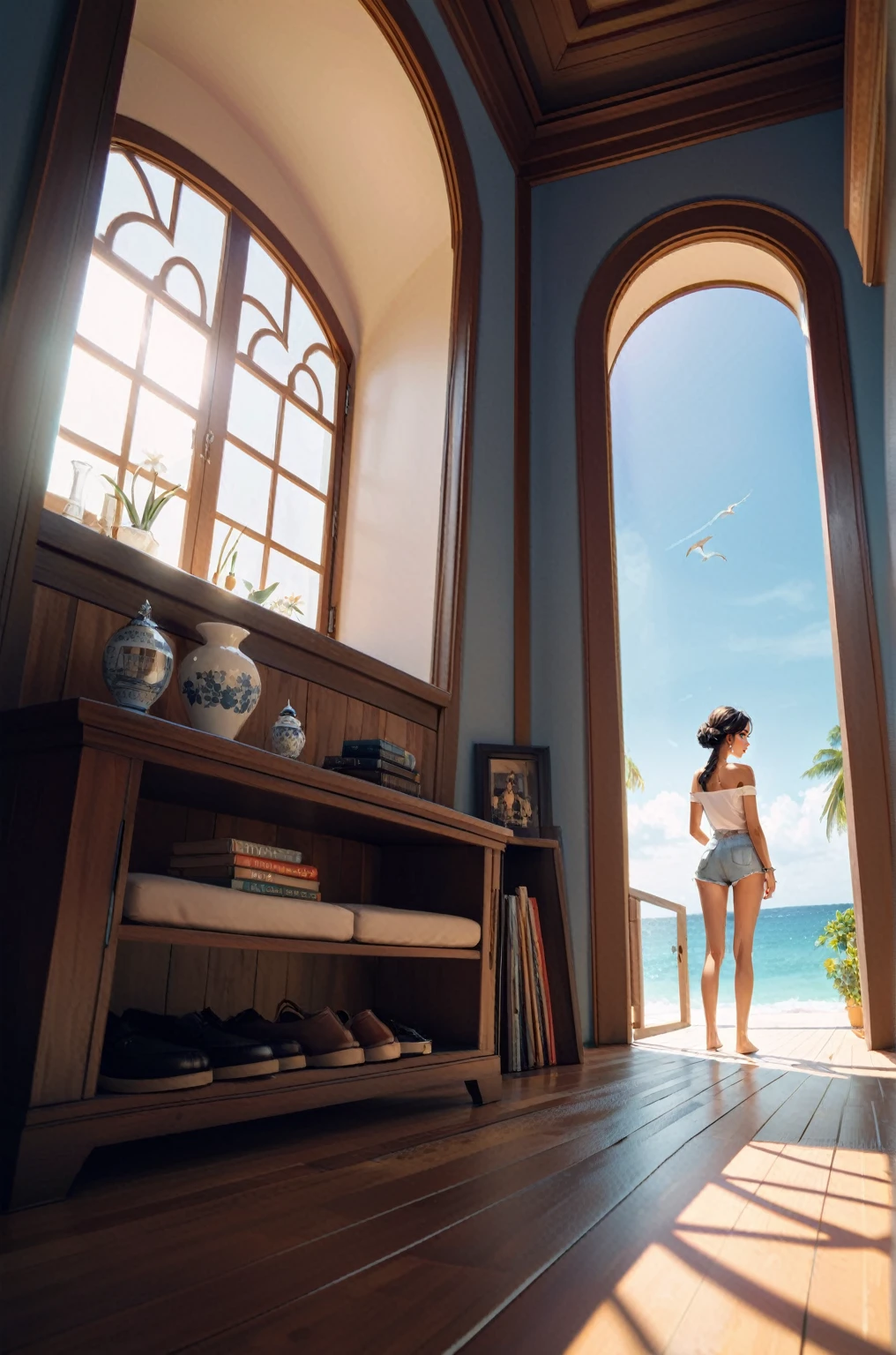 (masterpiece, best quality), (best black hair:1.3), (long hair:1.4)+, (alternate_hairstyle:2), (authentic_skin), (gyaru style), (giant_breasts:1.6)+,, gyaru fashion outfit, ((delicate aesthetic pink-theme:1.2)), (graygreen eyes), thick_lips:1.2, glossy lips, cute_fashion, slim, skinny, (narrow_waist:1.7)+, looking at viewer, matching-accessories, at elaborated charming environment, indoors, (panorama+)+, casual outfit, at detailed pink_environment++, (best comfy_clothes:1.5)+++, (off_shoulder, girlfriend material)+, confident, hair_tied, detailed_pink_room+, aesthetic_room, photorealistic++, (well_rendered_skin:1.4), (shiny_outfit)+.
(Seducing), shadows+.
(Dynamic pose:1.4)+, from_below, (shorts)+,
(character_from_afar, distant_shot+), (nsfw)