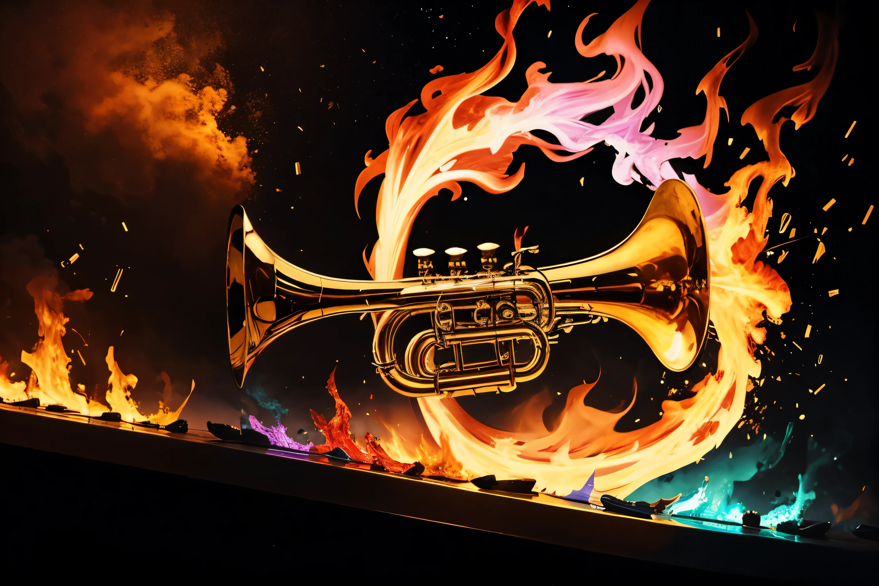 Trumpet instrument surrounded by multicolored flames